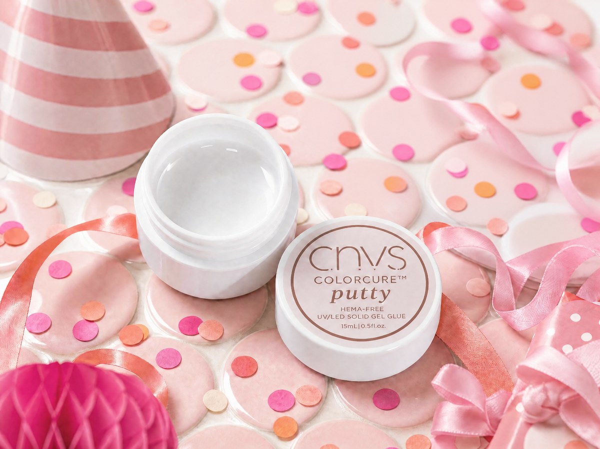 ColorCure Putty featured in CNVS Nails birthday styling with pink and orange confetti