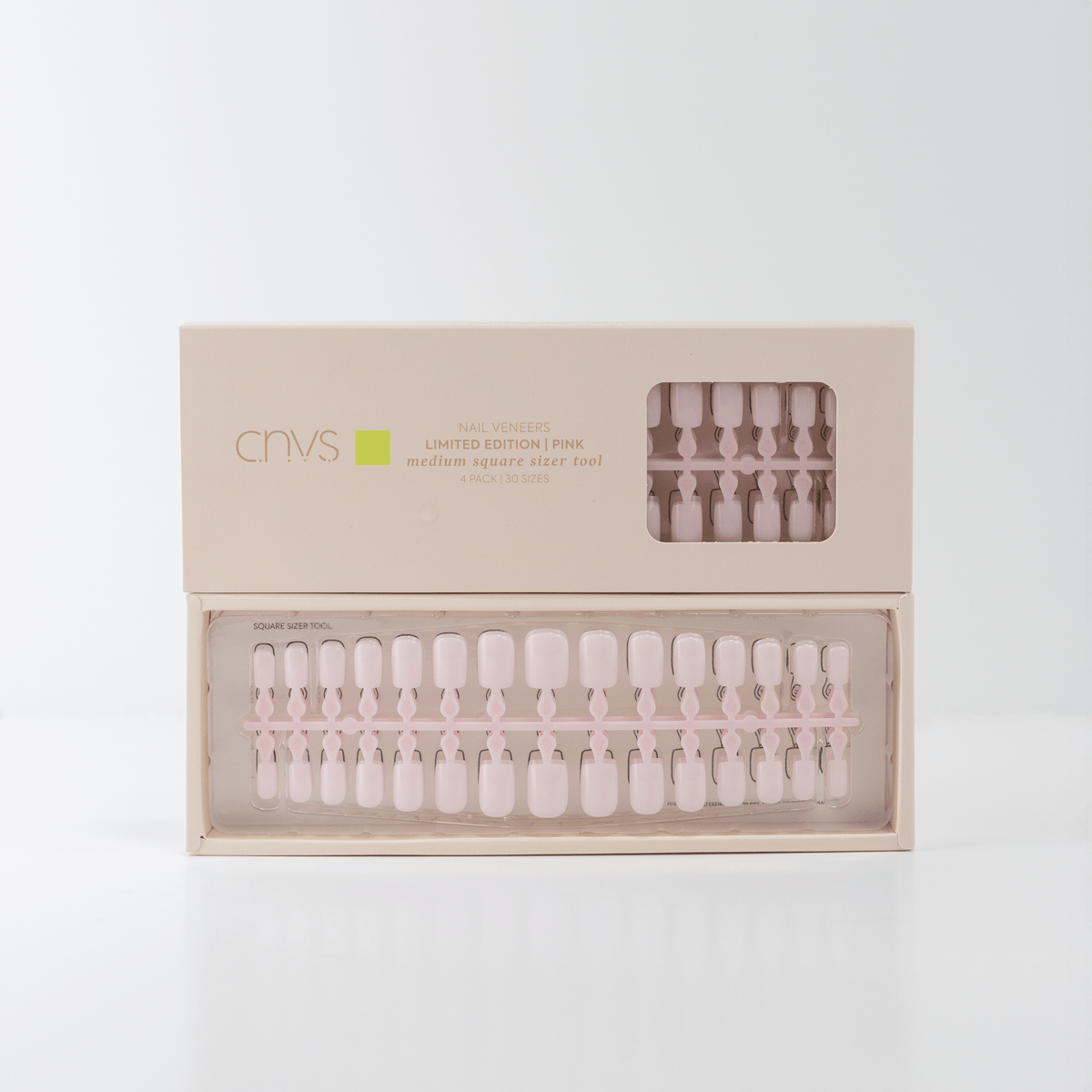 Two Limited Edition Medium Square Pink Nail Sizer Tools with usable gel nails by CNVS Nails