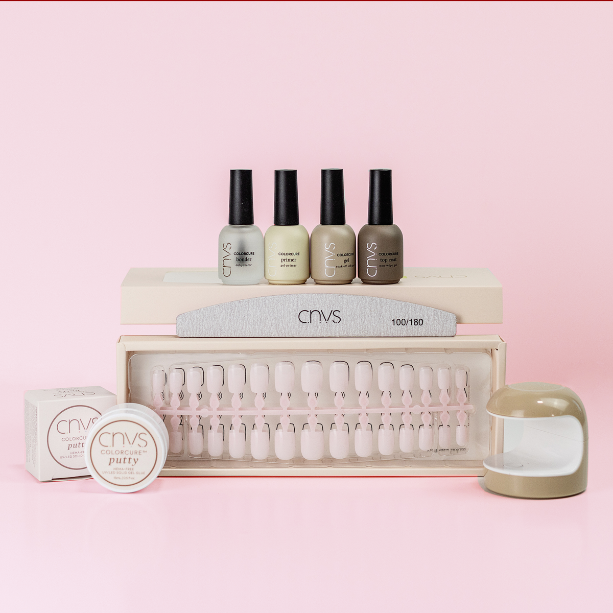 Limited Edition Pink: Quick Start Bundle with medium square nails and application supplies for at-home manicures by CNVS Nails