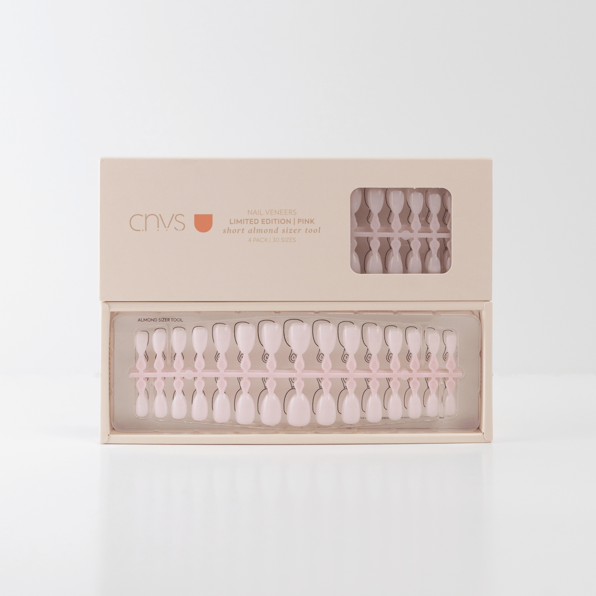 Two Limited Edition Short Almond Pink Nail Sizer Tools with usable nail extensions by CNVS Nails