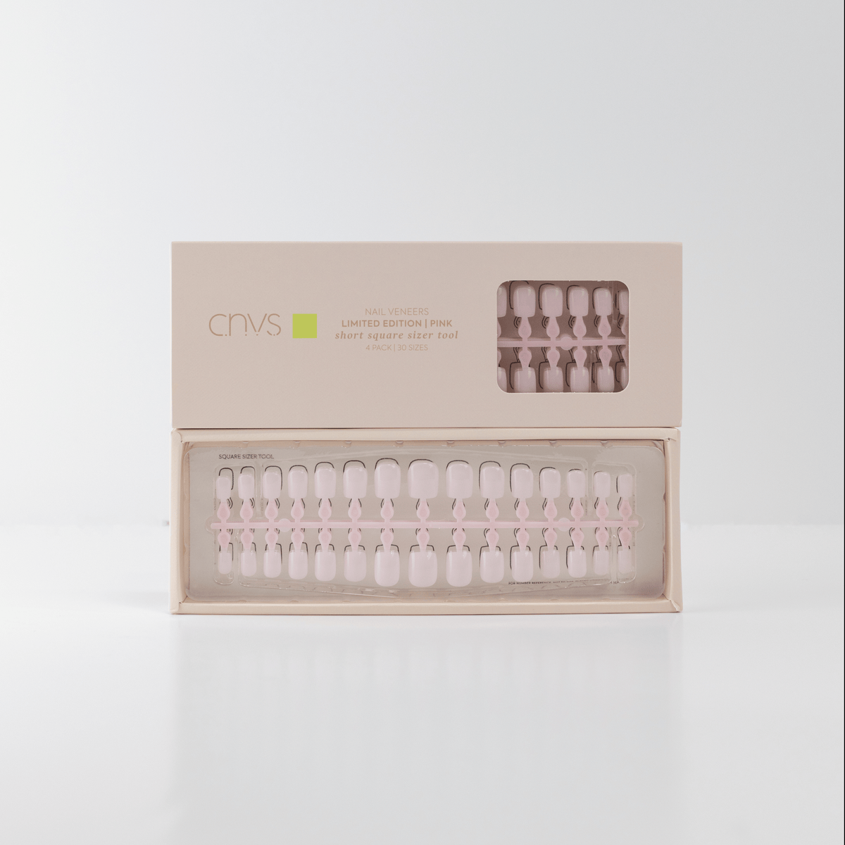 Two Limited Edition Short Square Pink Nail Sizer Tools with usable nail extensions by CNVS Nails