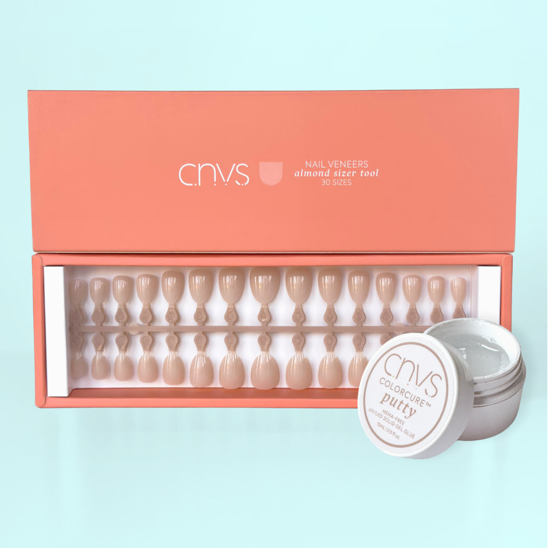 Mini Mani Nail Kit: Short & Sweet. Includes short nude almond nails, a sizer tool, and application putty by CNVS Nails