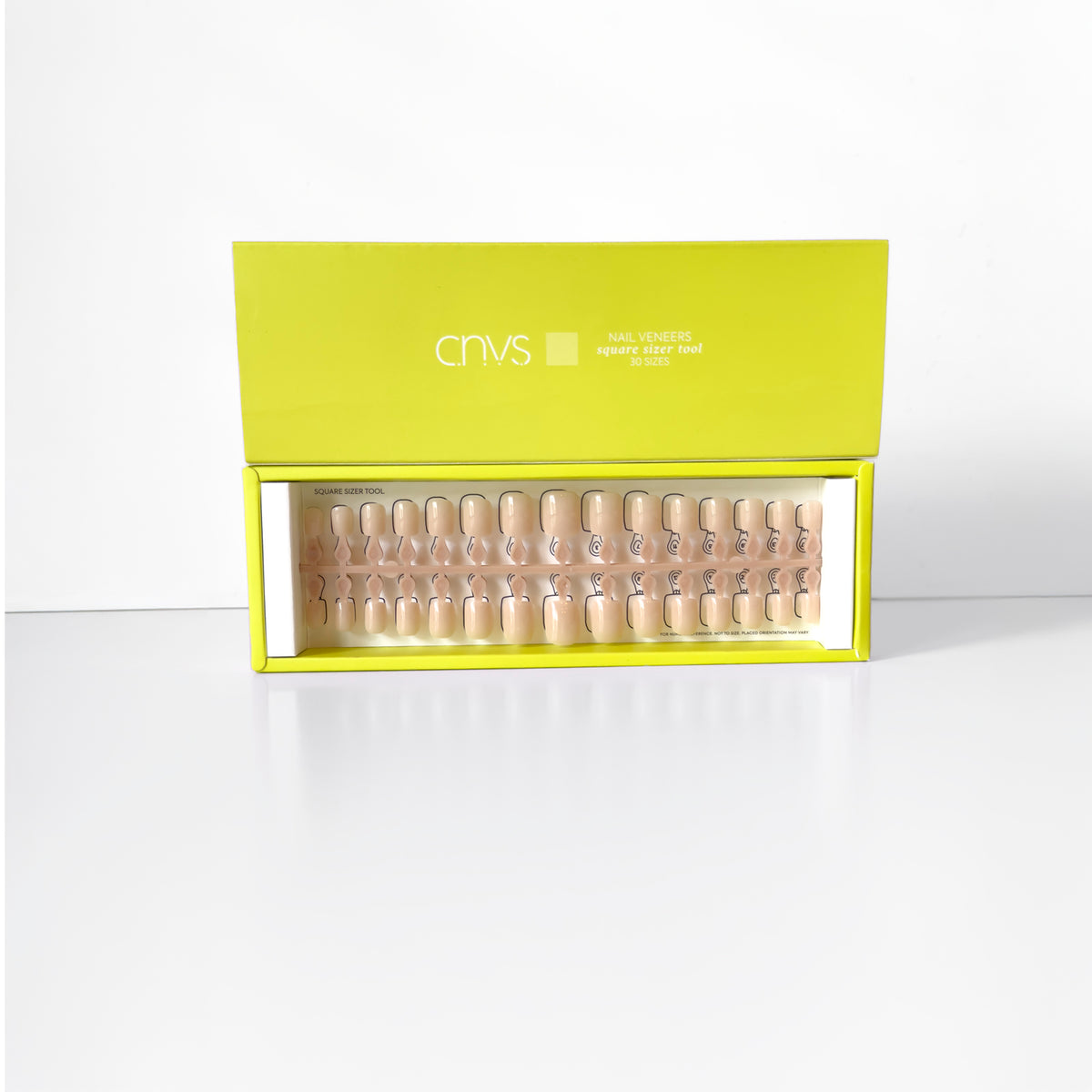 Two Short Nude Square Nail Sizer Tools with usable gel nail extensions by CNVS Nails