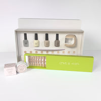 Quick Start Bundle with short nude square nails and application supplies for DIY manicures by CNVS Nails