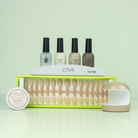 Quick Start Bundle with short nude square nails and application supplies for at-home manicures by CNVS Nails