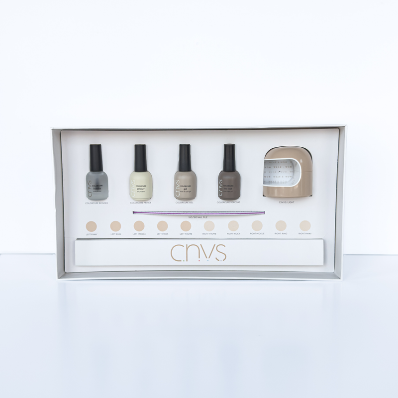 Quick Start Manicure Supplies Kit with gel polish, nail glue, and a LED-lamp for nail application by CNVS Nails